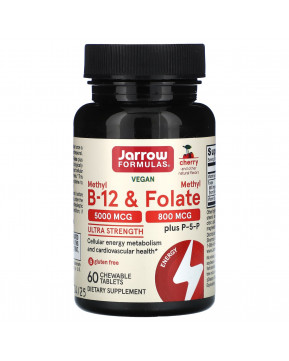 Jarrow Formulas, метил B12 и метилфолат, со вкусом вишни, 5000 мкг/800 мкг, 60 жевательных таблеток